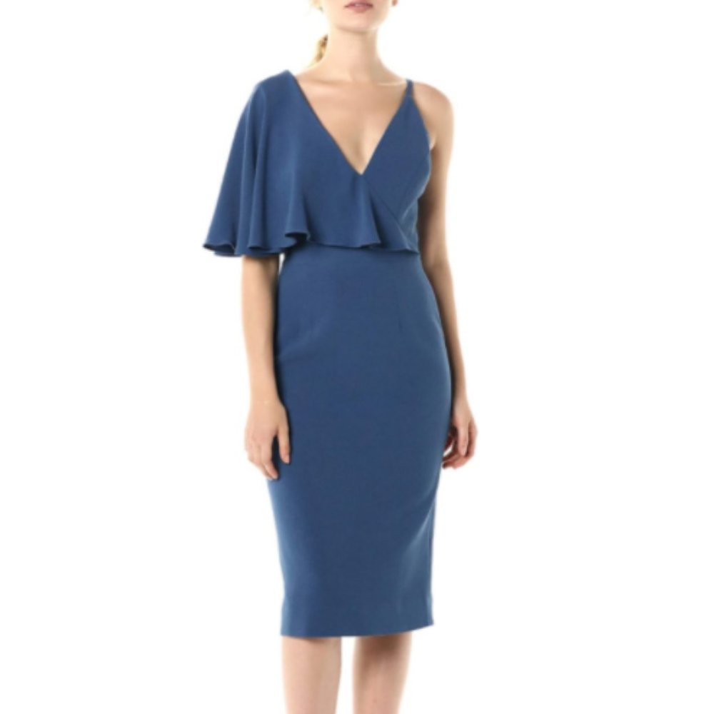 Dress the Population Women's Ruffle Sleeve MIDI Blue Sheath Dress XS NWT